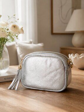 Metallic Silver Italian Leather Crossbody Bag, Triple Zip Organizer, Tassel Bag